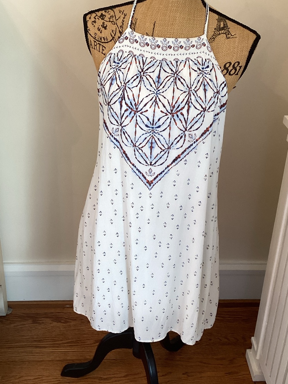 Ecote White Halter Swim Cover-Up with Navy & Rust print